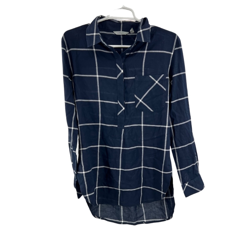 Athleta half button blue plaid cotton lightweight tunic S  casual long sleeve